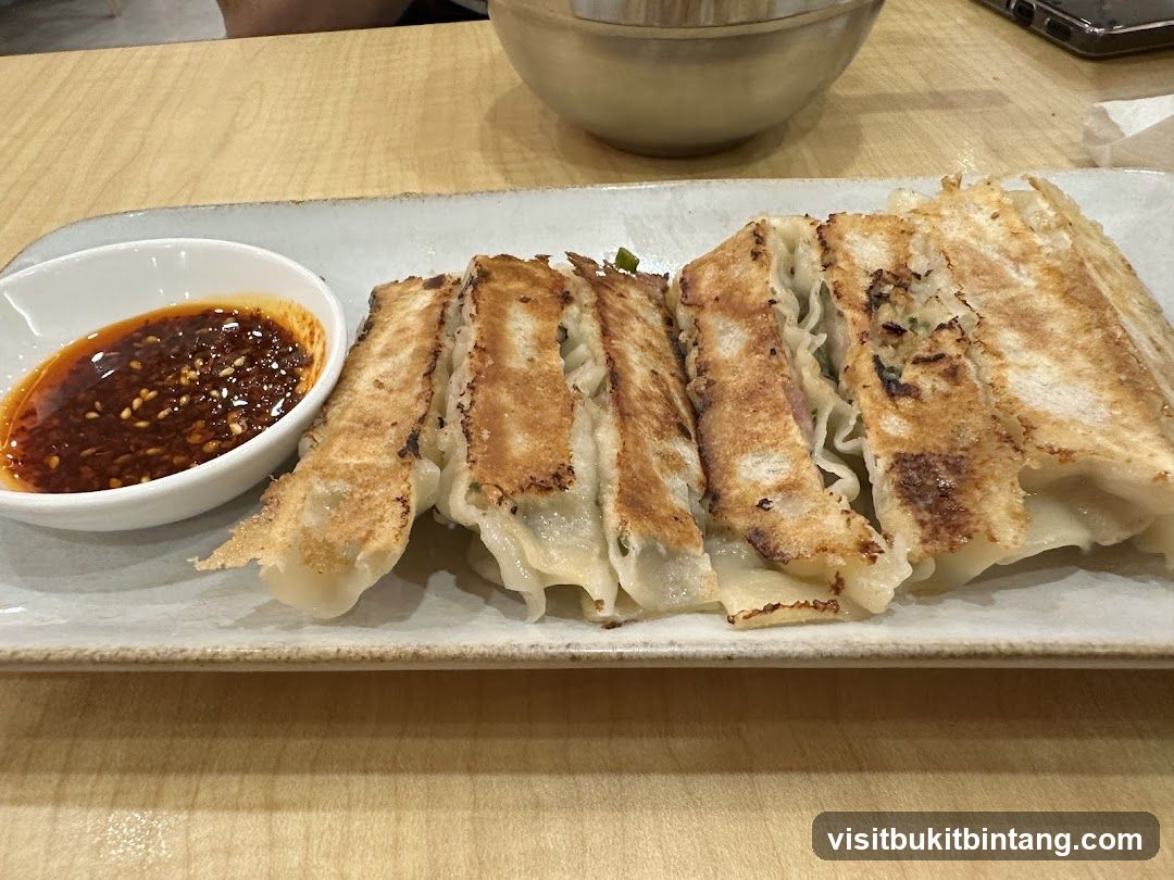 Pan-fried dumplings with dipping sauce