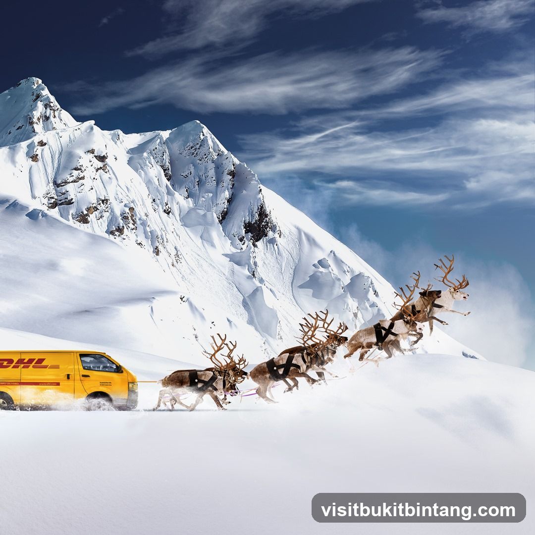 DHL Van Pulled by Reindeer in Snowy Mountains
