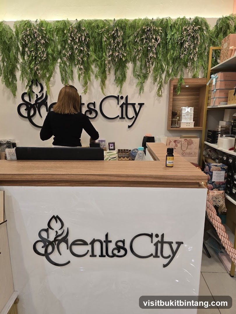 Counter with decorative plants and signage