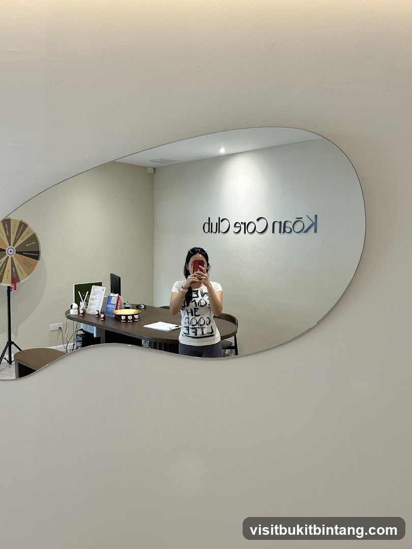 Interior of a business with a mirror reflection