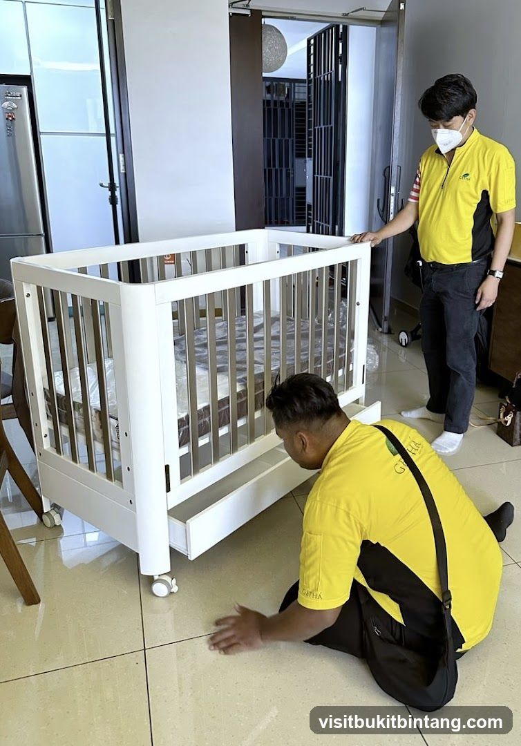 Two men assembling a crib