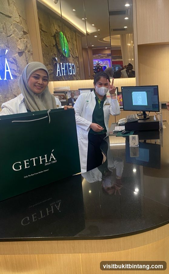 Two women in lab coats holding a shopping bag