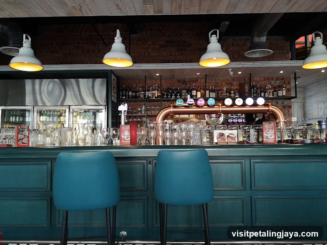 Bar Interior with Copper Taps and Blue Stools