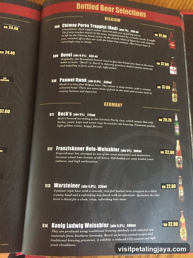 Bottled Beer Selections Menu