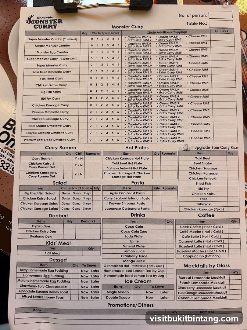 Monster Curry Menu