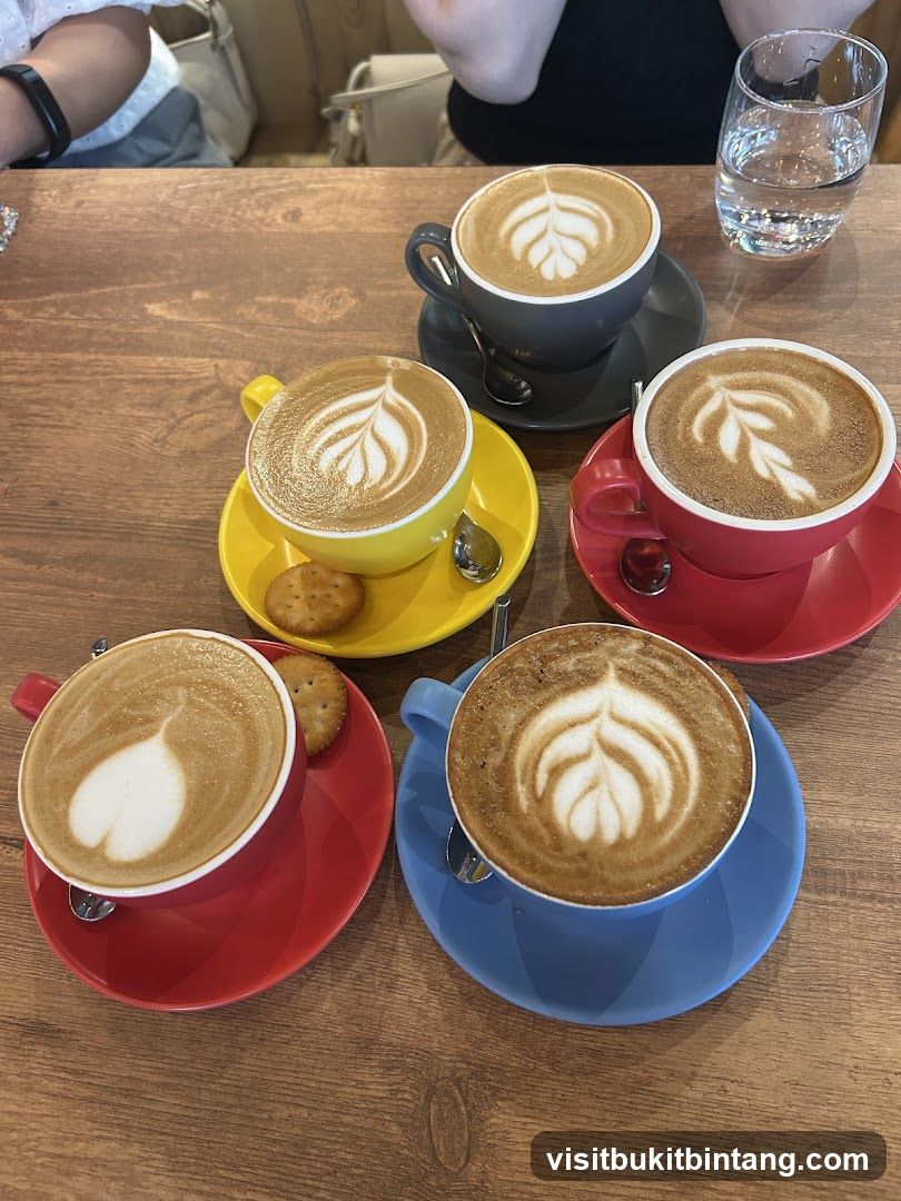 Five coffees with latte art on a wooden table