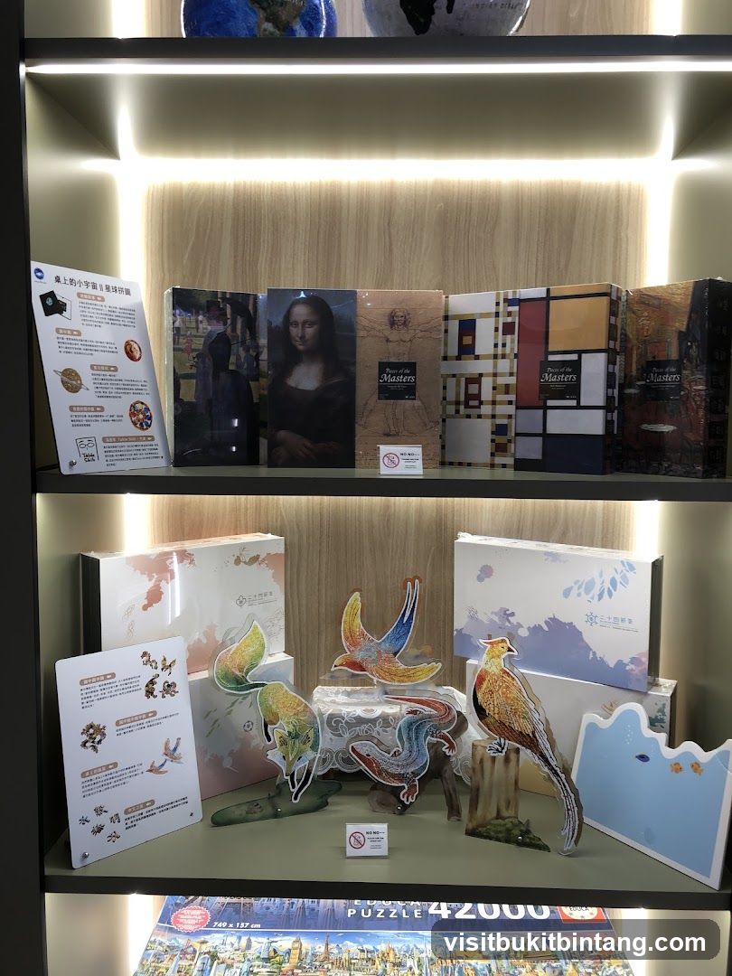 Puzzles and Decorative Items on Shelves