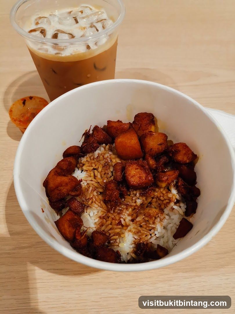 Rice bowl with meat and iced coffee