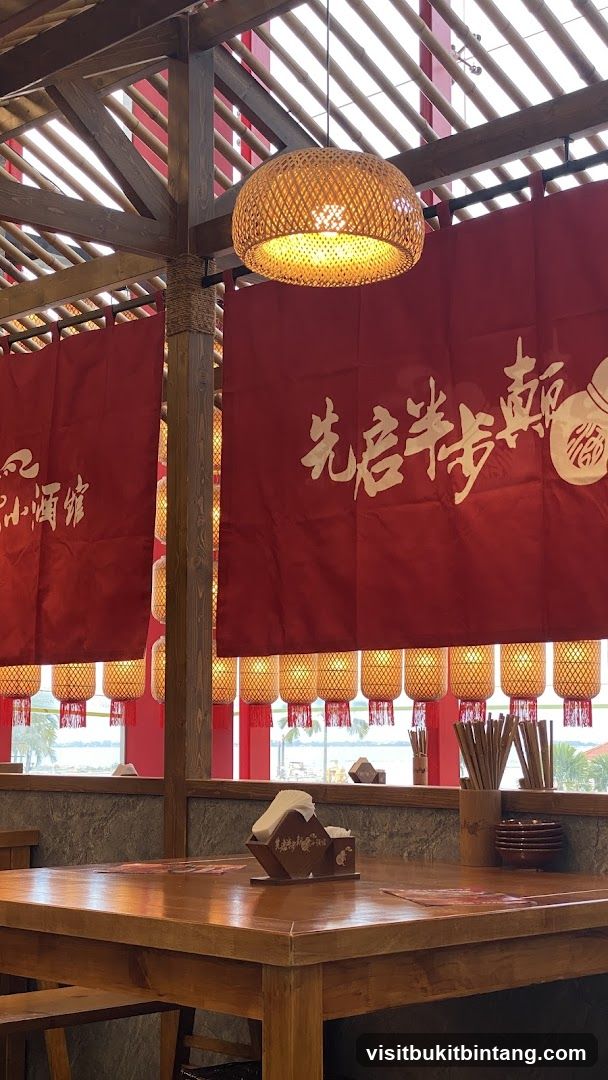 Restaurant Interior with Red Banners and Lanterns