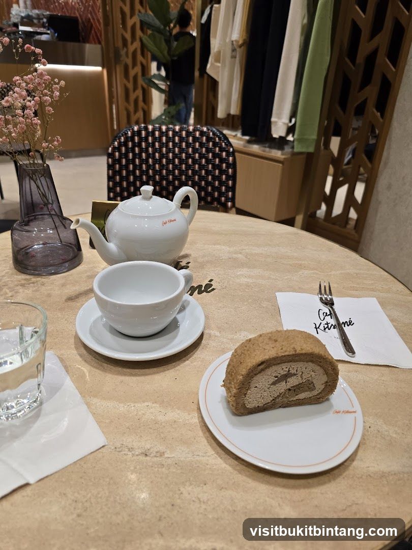 Cafe table with cake and tea