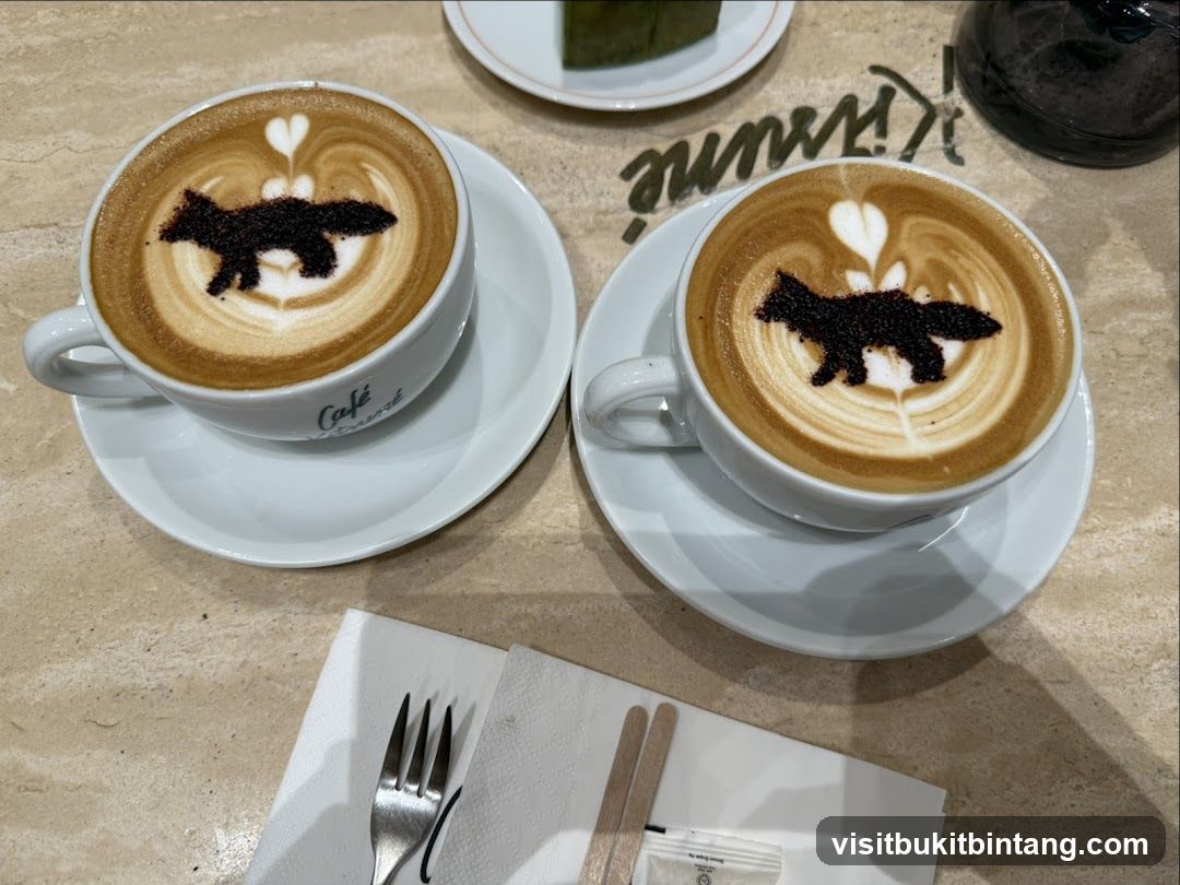 Two coffees with fox latte art