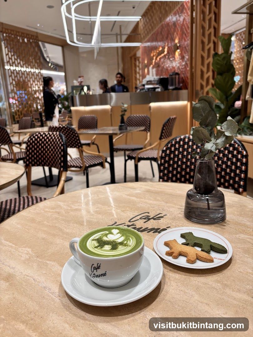 Matcha latte and fox-shaped cookies at a cafe
