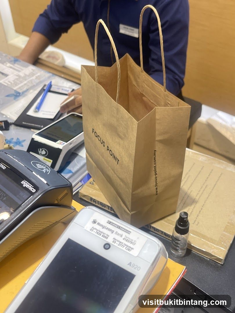 Counter with payment terminals and shopping bag