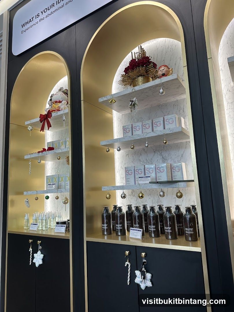 Display shelves with products and holiday decorations