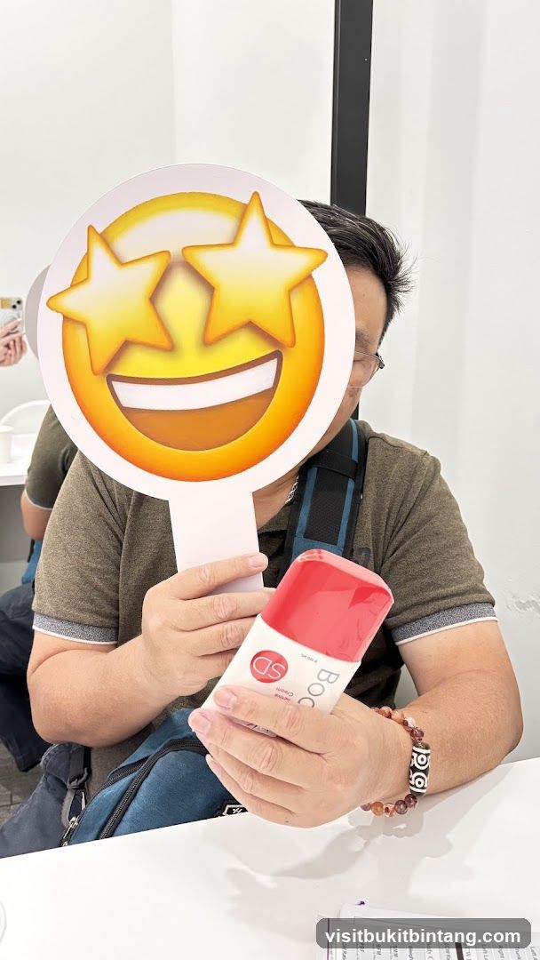 Person holding a product and an emoji sign