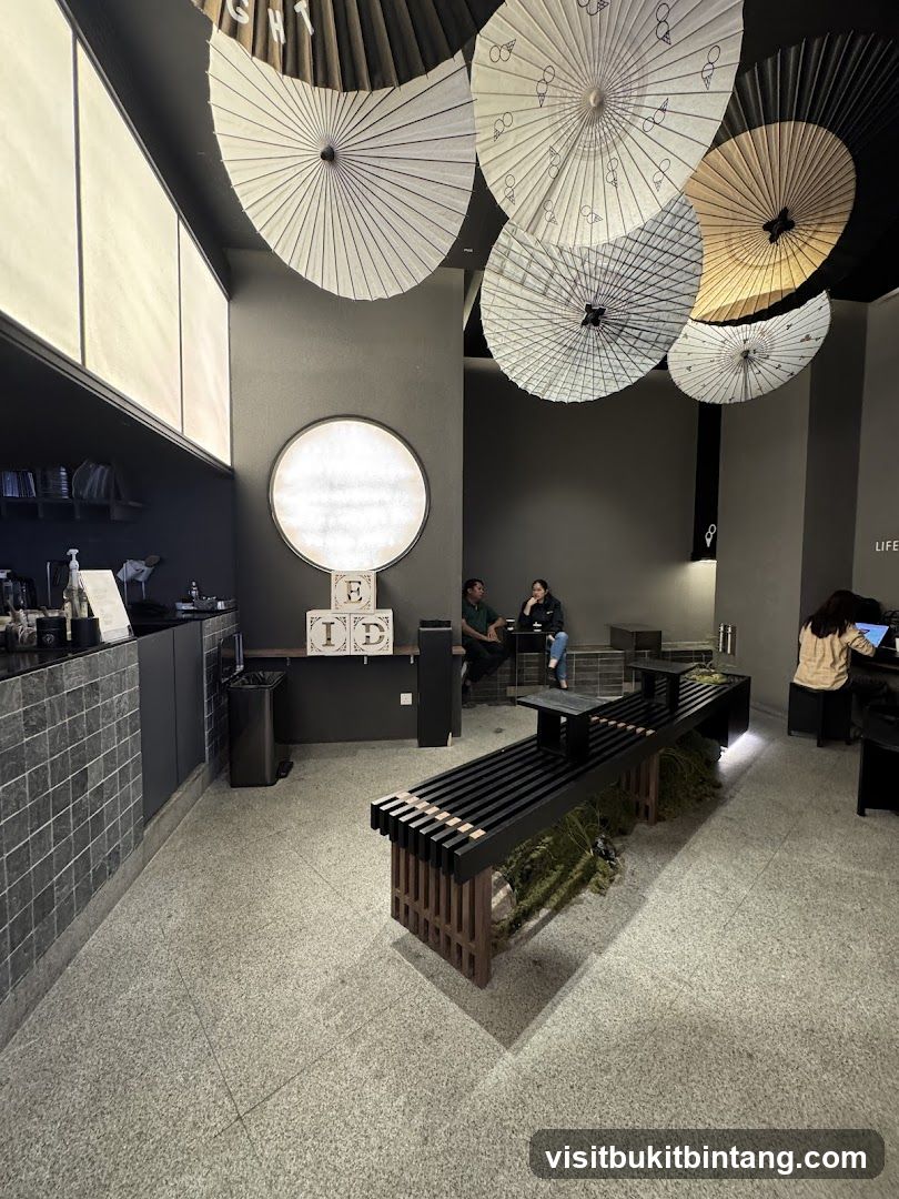 Modern Cafe Interior with Decorative Umbrellas