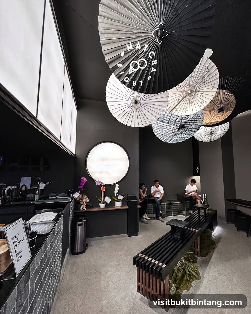 Modern Cafe Interior with Decorative Umbrellas