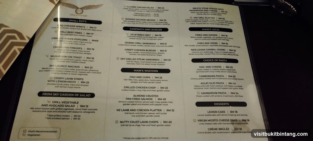 Sky Lounge Menu