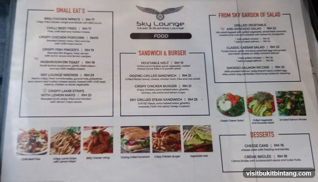 Sky Lounge Food Menu