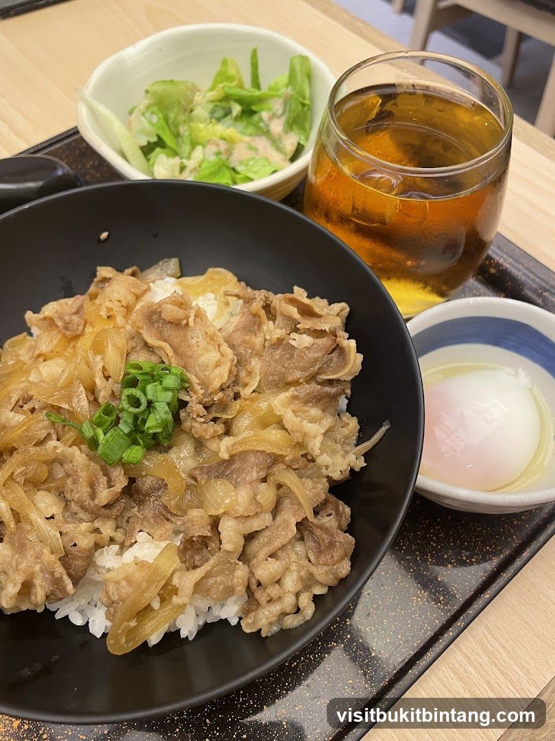 Beef Bowl with Side Salad and Egg