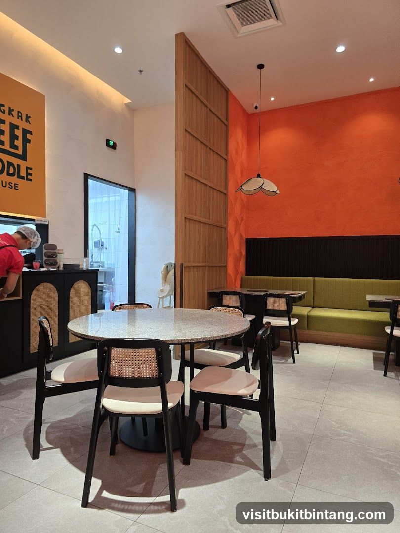 Restaurant Interior with Orange Wall and Modern Seating