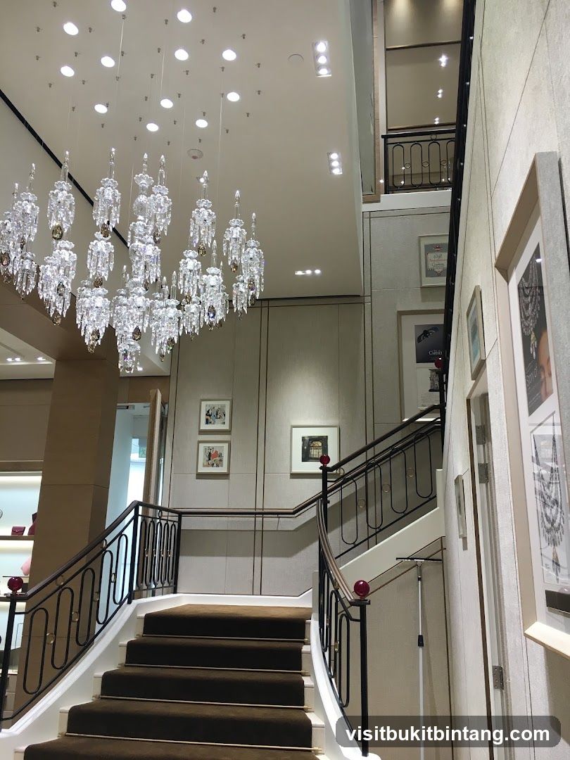 Interior of a luxury store with a grand staircase and chandelier