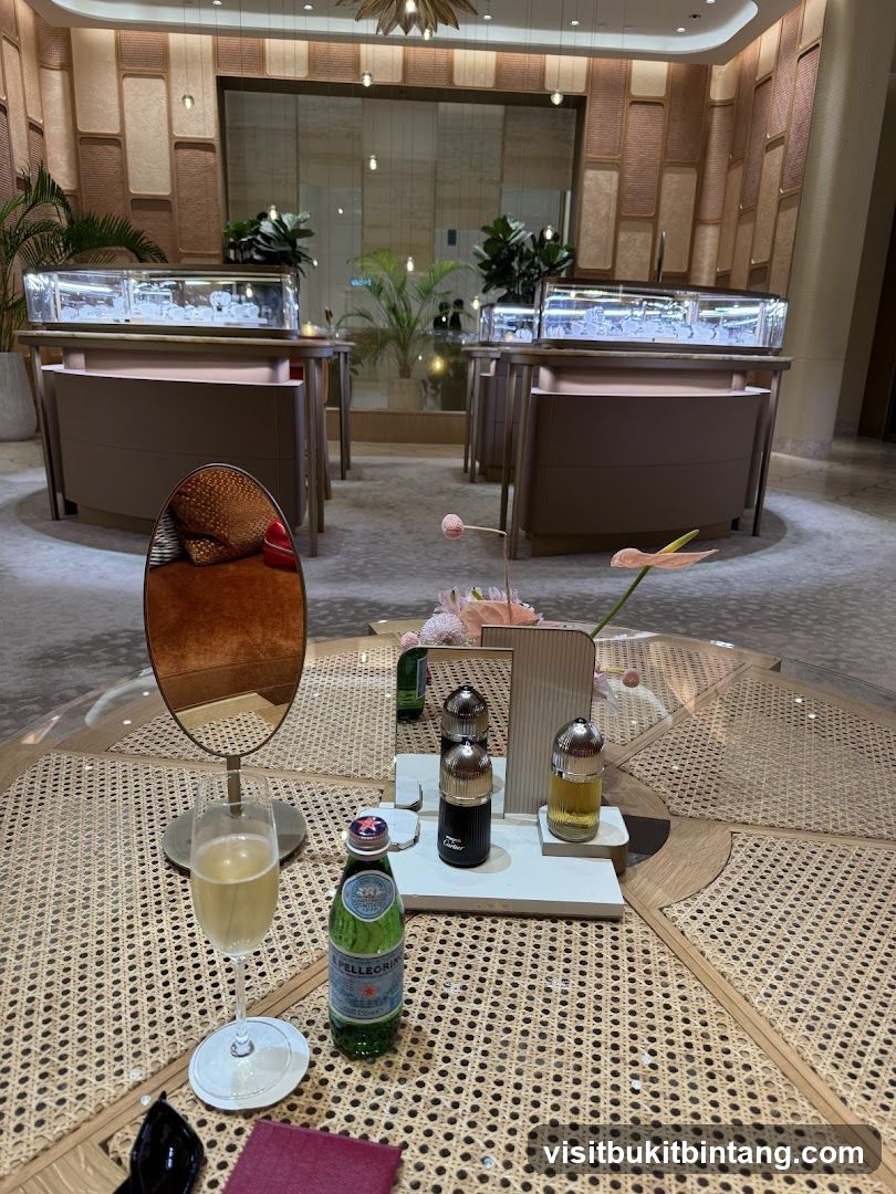 Luxury Store Interior with Display Cases and Refreshments