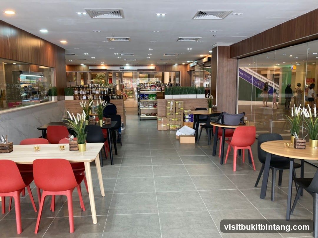 Interior of a cafe with seating and shelves