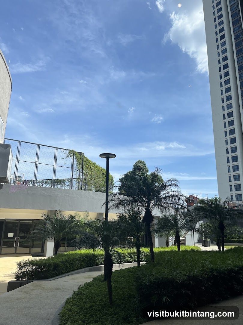 Outdoor Courtyard with Palm Trees and Modern Buildings