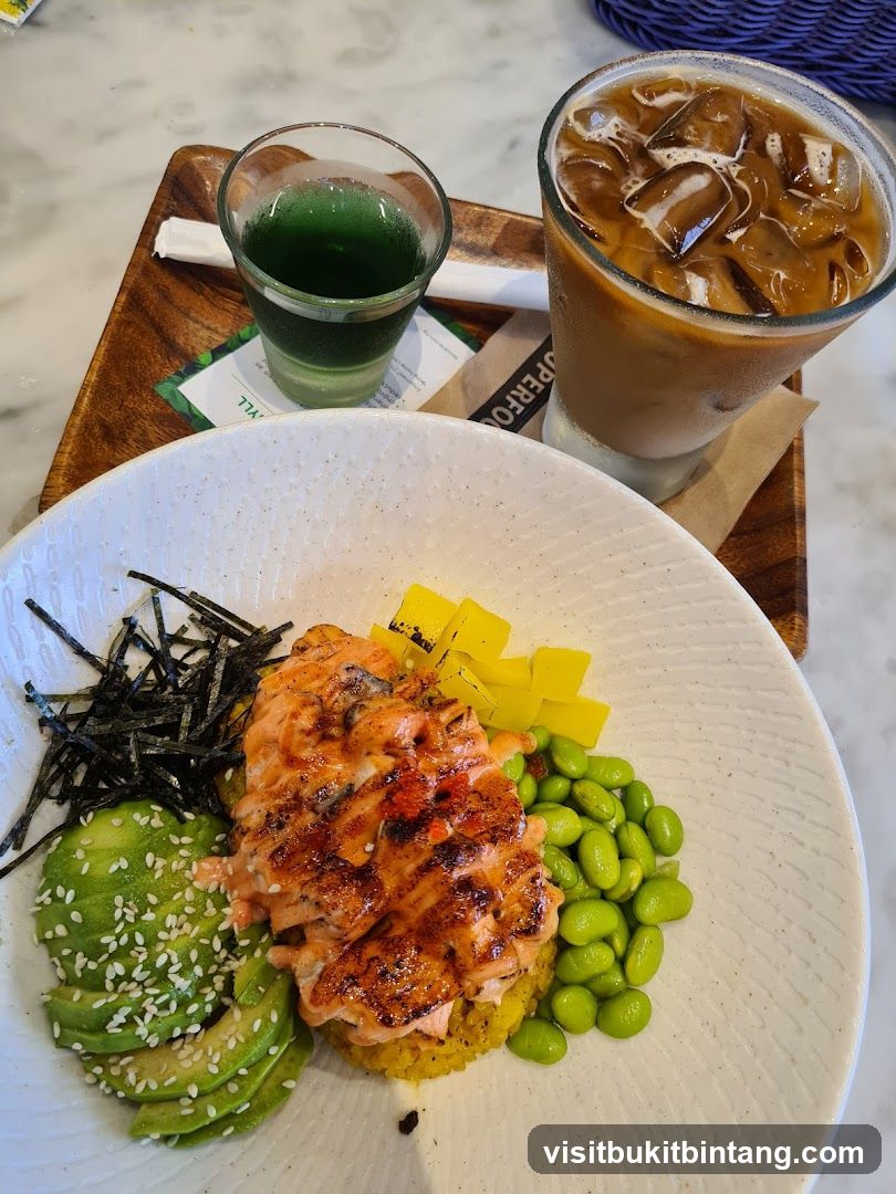 Salmon Poke Bowl with Iced Coffee and Green Shot