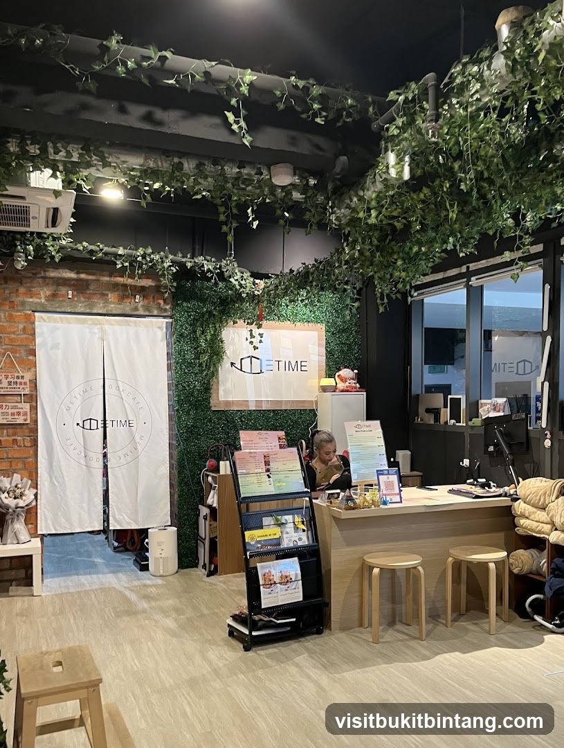 Cafe Interior with Greenery and Reception Desk