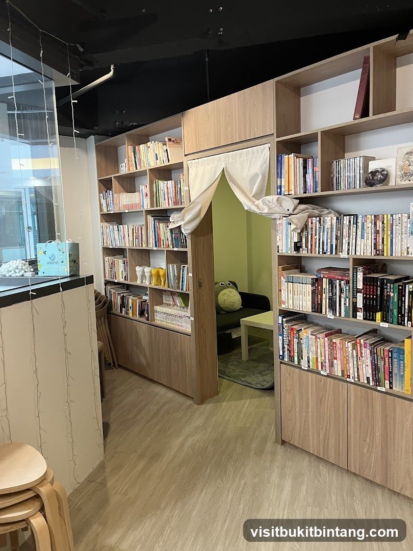 Interior of a bookstore with seating area