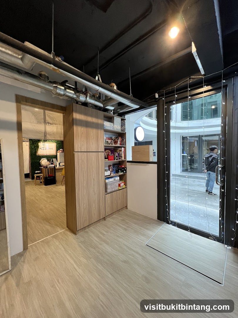 Interior of a shop with shelves and a doorway