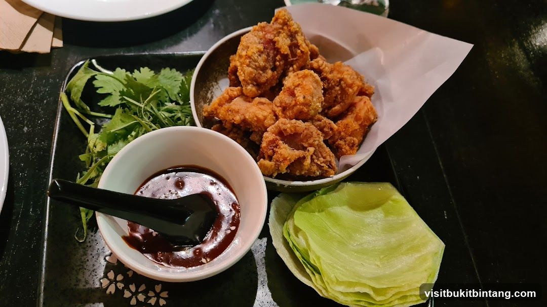 Fried Chicken Bites with Dipping Sauce and Lettuce Wraps