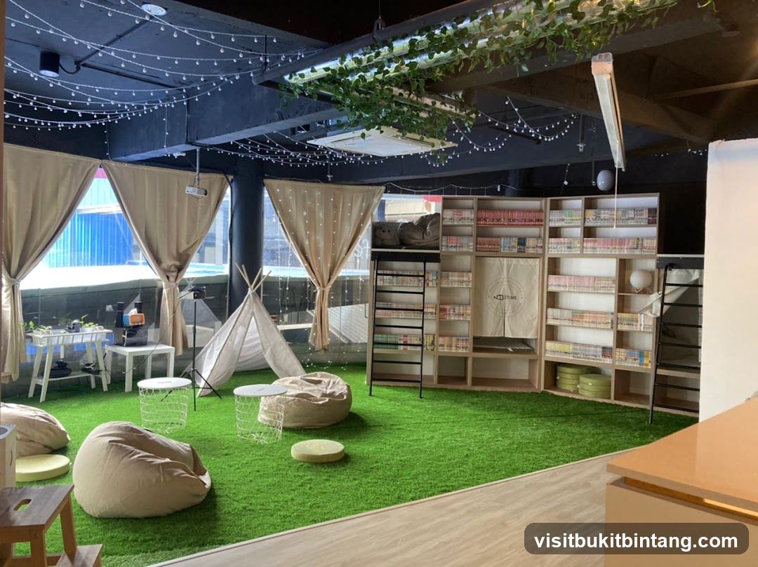 Cozy Reading Nook with Bookshelves and Beanbags