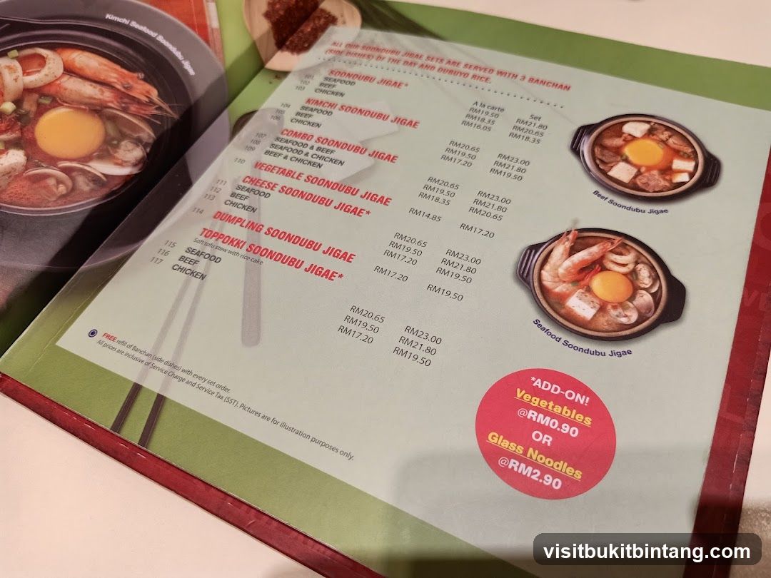 Soondubu Jigae Menu