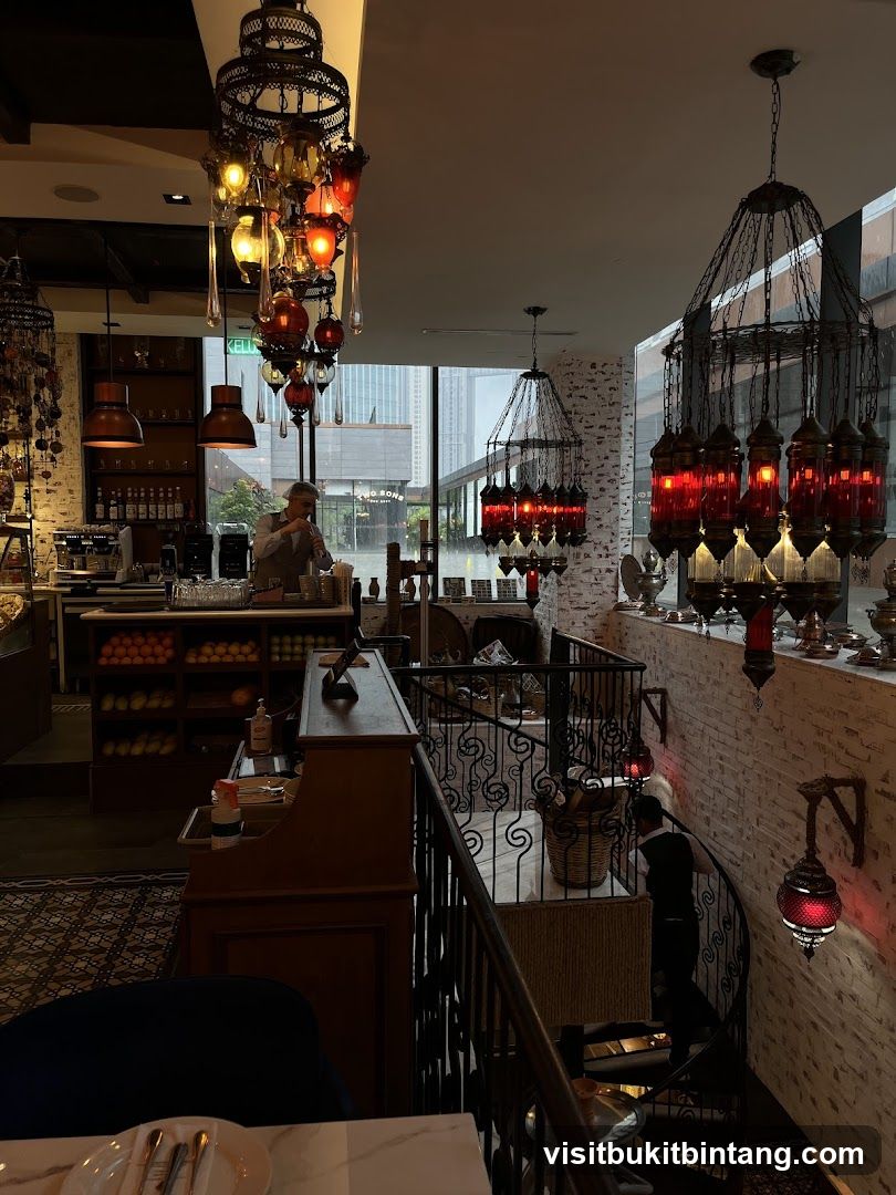 Interior of a restaurant with ornate lighting