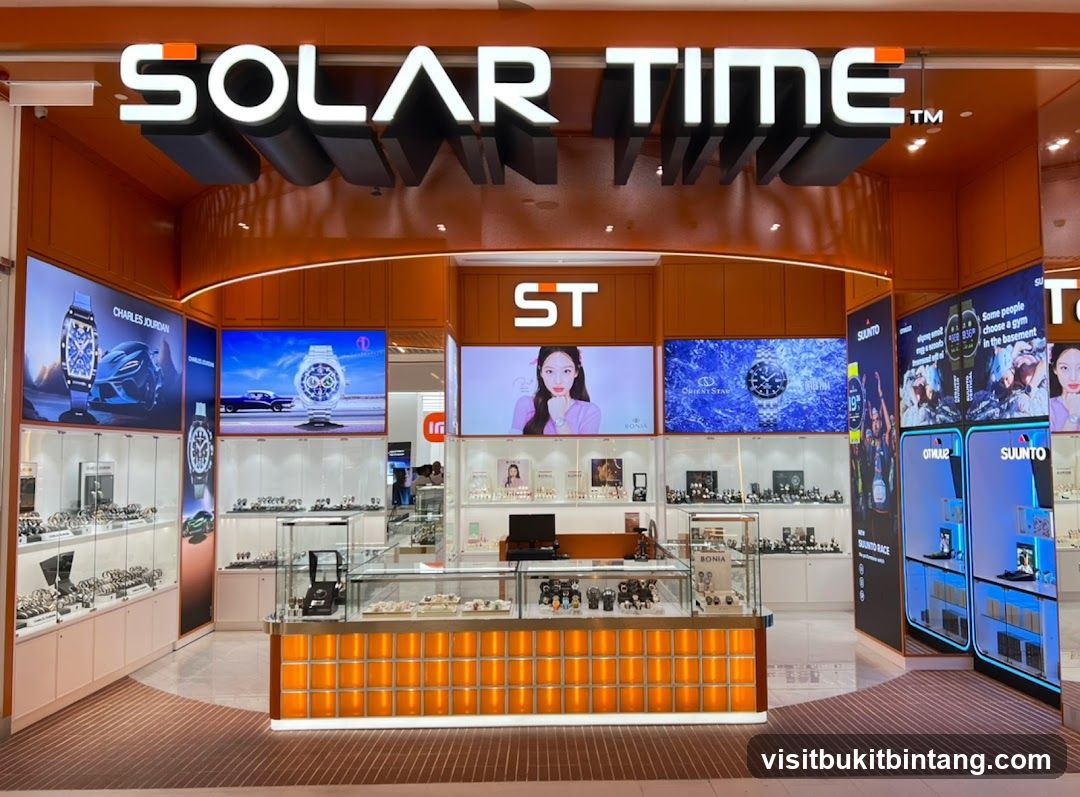 The exterior of a brightly lit watch store with large digital displays showcasing watches and models. The store features a prominent "SOLAR TIME" sign above the entrance. Display cases filled with watches are visible inside.