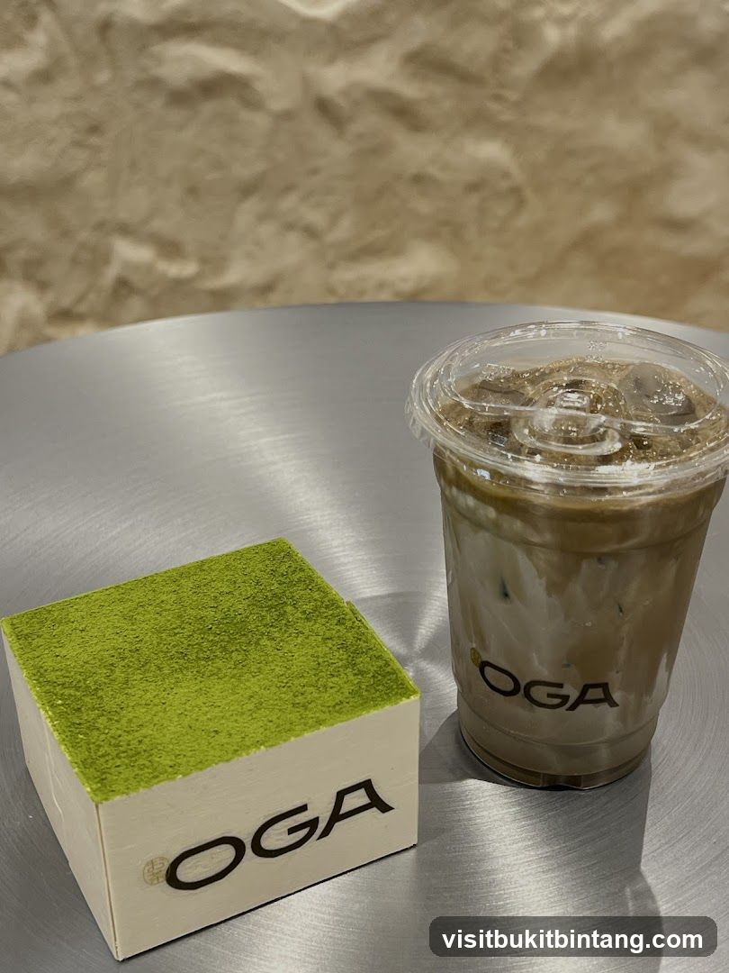 Matcha cake and iced coffee