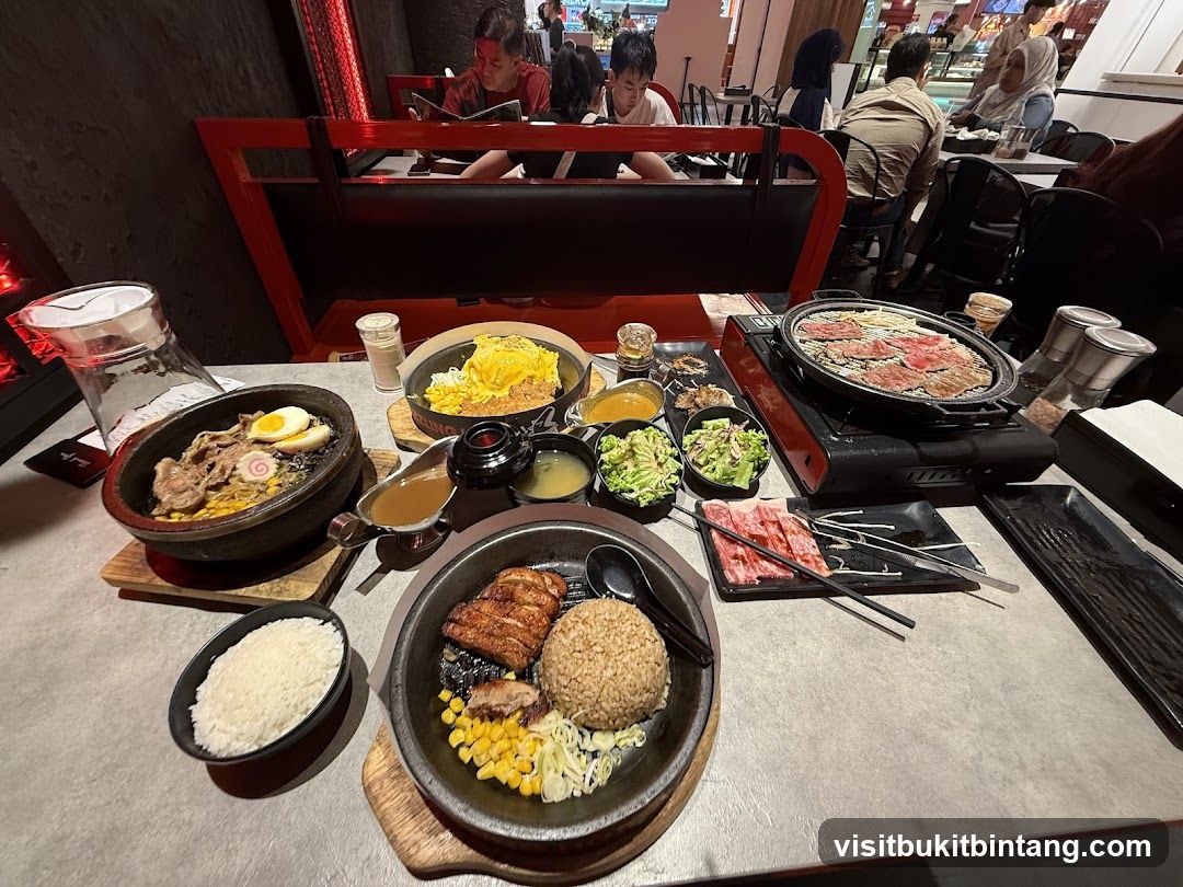 Table with various dishes and grill