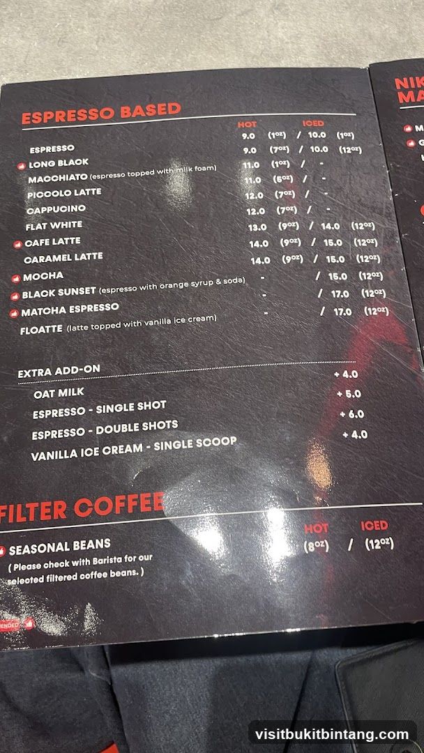 Espresso Based Coffee Menu