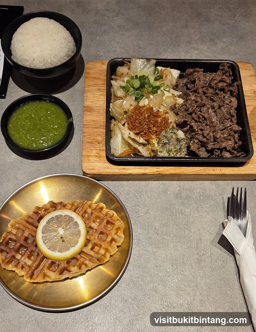 Sizzling Beef and Cabbage with Rice and Waffle
