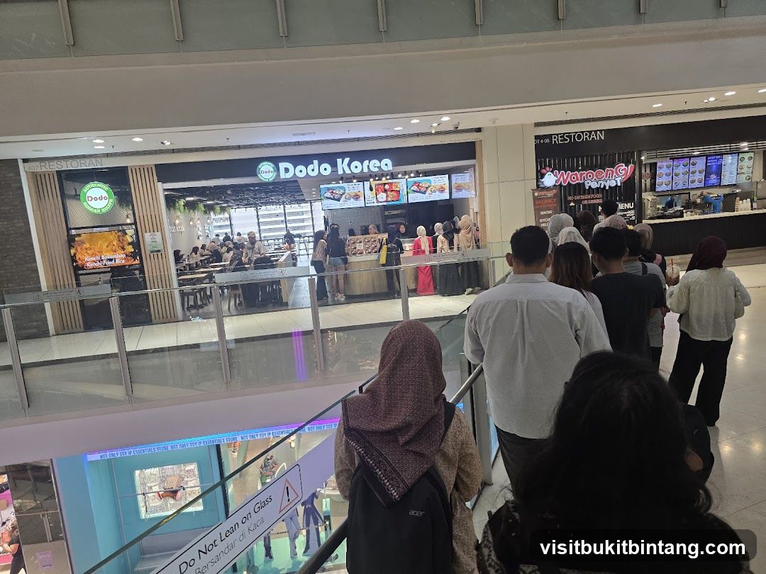 People queuing at food stalls in a mall