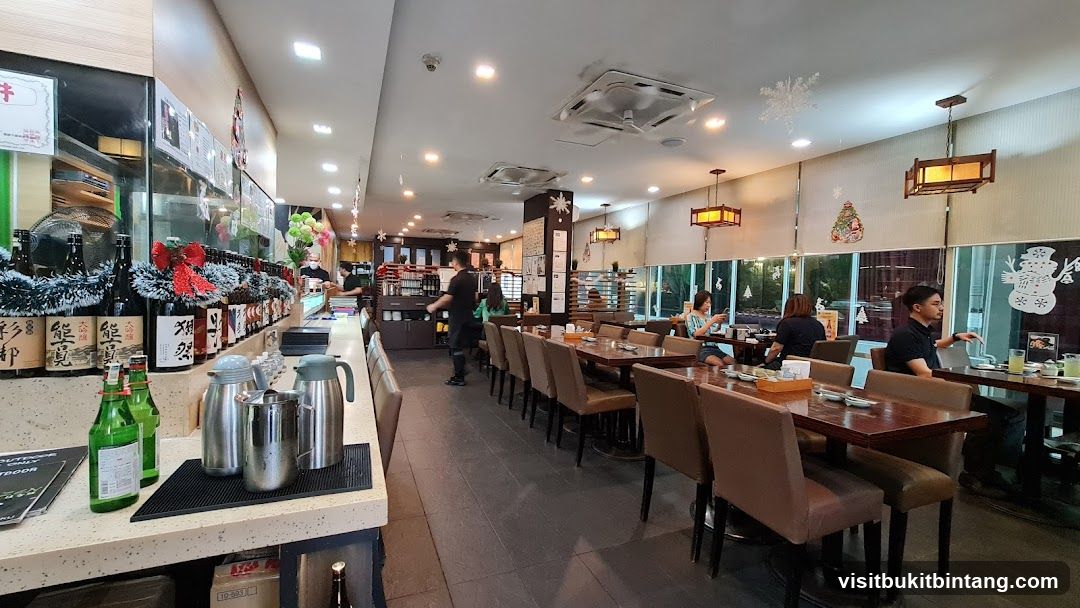 Restaurant Interior with Sake Bottles and Dining Tables