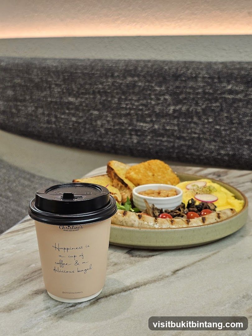Coffee cup and breakfast platter