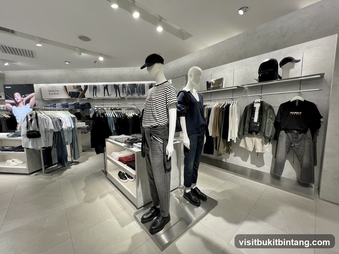 Clothing store interior with mannequins and apparel displays