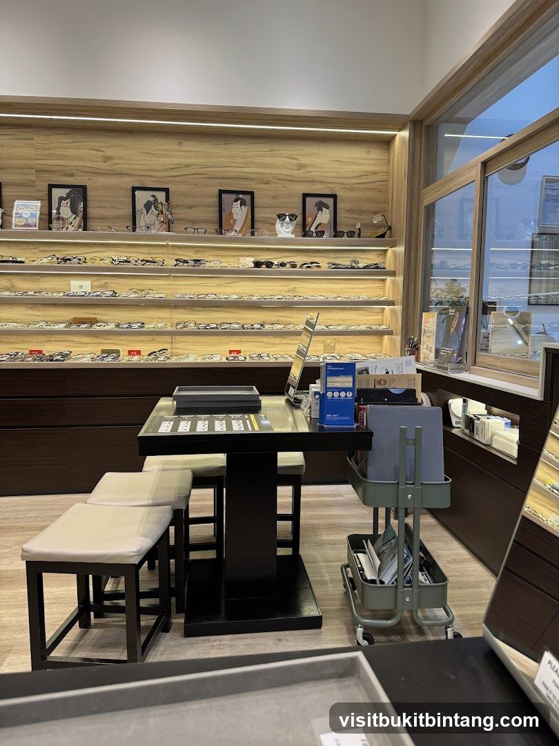 Eyewear store interior with display shelves and seating area