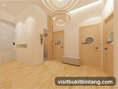 Interior hallway with doors and bench