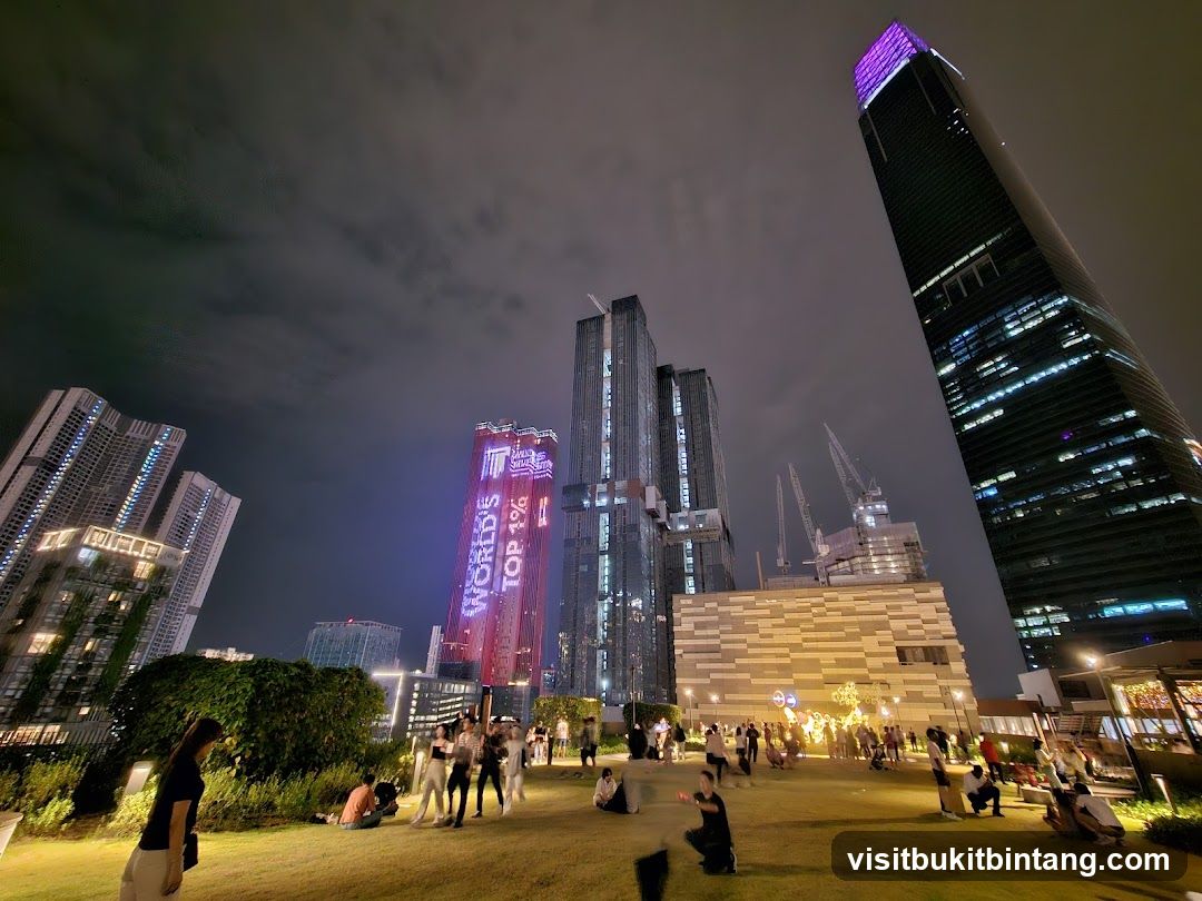 Cityscape at Night with Illuminated Buildings and People