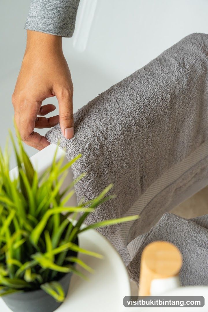 Hand holding a grey towel